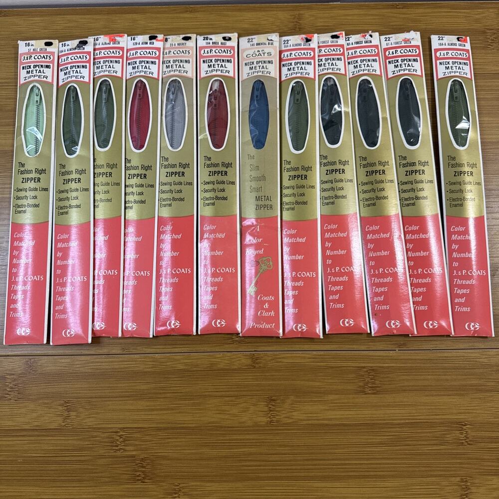 12 Vintage J&P Coats Neck Opening Metal Zippers Various Colors NOS 16-18-20-22”